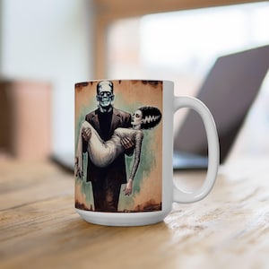 Gothic Horror Frankenstein and Bride  Ceramic Mug Perfect for Halloween, Spooky Home Decor, Unique Gift, Coffee Lover&#39;s Delight, Vintage Art