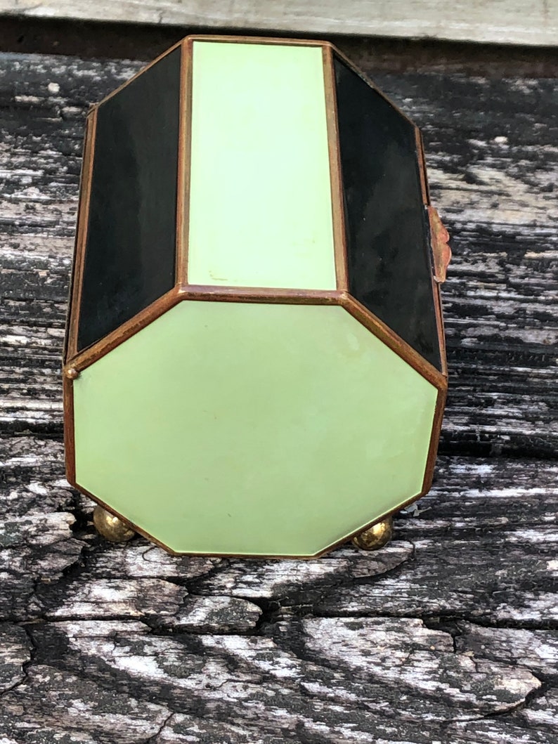 Vintage Retro Hexagon Footed Cylindrical Trinket Jewelry Box Black Mint Green Metal