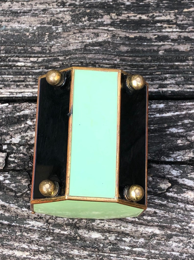 Vintage Retro Hexagon Footed Cylindrical Trinket Jewelry Box Black Mint Green Metal
