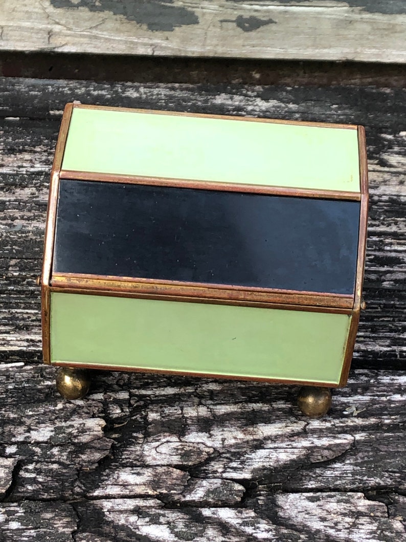 Vintage Retro Hexagon Footed Cylindrical Trinket Jewelry Box Black Mint Green Metal