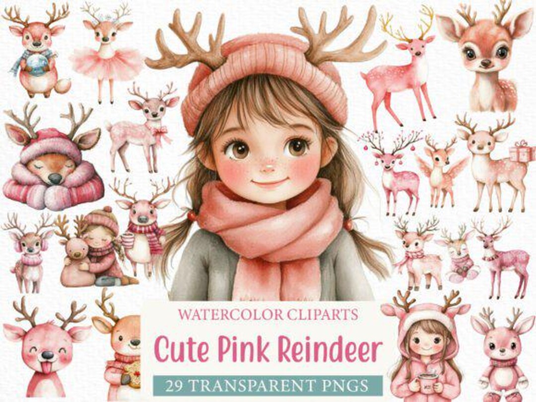 Watercolor Pink Reindeer Clipart Bundle | Cute Christmas Deer PNG Set ...