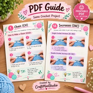 May include: A two-page PDF crochet guide featuring step-by-step instructions for chain stitches and increases. The pages include numbered photo tutorials, text explanations, and tip boxes with lightbulb icons, all presented in a pink and blue theme.