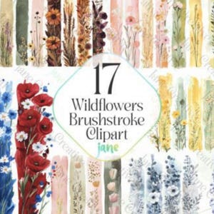 May include: Watercolor clipart featuring 17 wildflower brushstrokes in various colors. The image includes vertical stripes with floral designs, including poppies, daisies, and lavender. The text "17 Wildflowers Brushstroke Clipart jane" is displayed in the center.