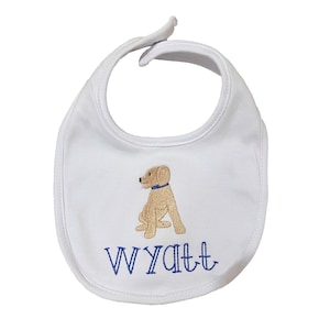 Baby Boy Embroidered Puppy and Name Bib, Bib with dog embroidery and name embroidery, baby shower gifts, embroidered baby bibs, feeding