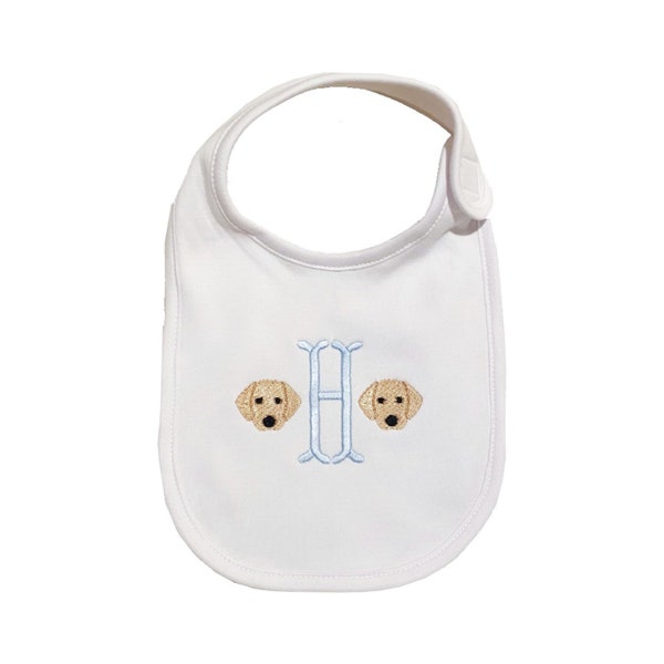 Embroidered Baby Bib With Initial & Puppies, Baby Bib, Baby Gift