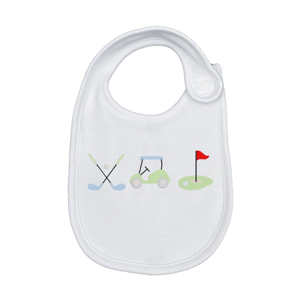Embroidered Golf Bib - Blue or Pink, Golf Embroidery, Baby Bibs, Baby Embroidered Bibs. Feeding Accessories, Bibs, Girl/Boy Golf Embroidery