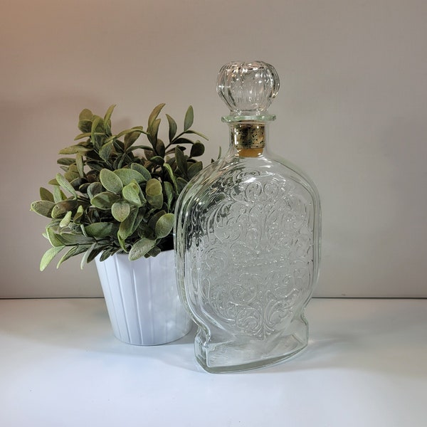 1950's Vintage Schenley Whiskey Liquor Embossed Glass Bottle Decanter w/ Topper