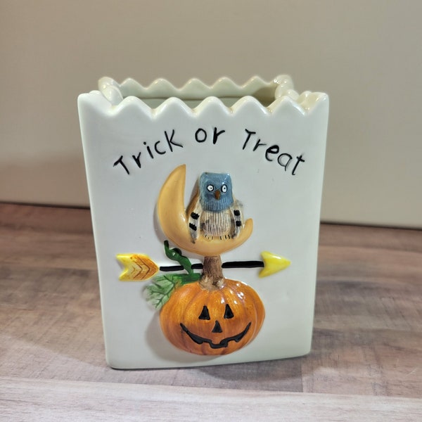 Halloween ceramic bag featuring pumpkin, owl, moon, Debbie Mumm display item, vintage fall decoration