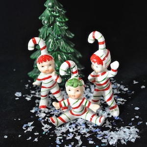 Set of 3 Geo Z Lefton Christmas candy cane elf/pixie figurines or ornaments,  Christmas décor