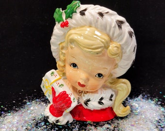 Gorgeous Christmas girl head vase, girl with present, vintage, ceramic, Napco