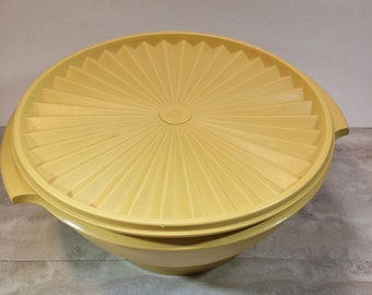 Harvest Gold Servalier Tupperware bowl, plastic storage bowl with lid, 1970's