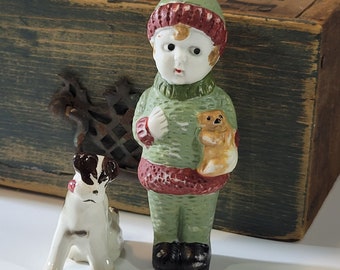 Penny doll girl and her dog figurines, bisque made in Occupied Japan, vintage, dressed in green