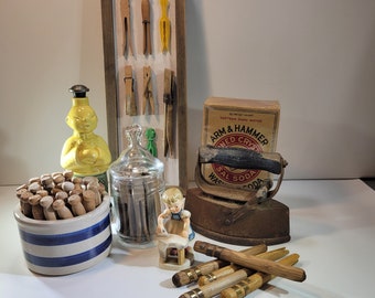 Choice of assorted vintage laundry room decor items, clothespins, vintage washing soda, girl ironing figurine, SAD iron