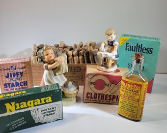 Choice of assorted vintage laundry room decor items, clothespins, vintage starch box, girl doing laundry figurine