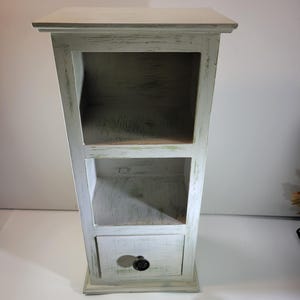 Chippy white and sage green small wooden cabinet, 1 drawer with 2 shelves, home décor, display cabinet