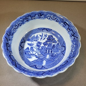 Blue Willow china serving bowl, marked &quot;semi china&quot;, made in England, antique