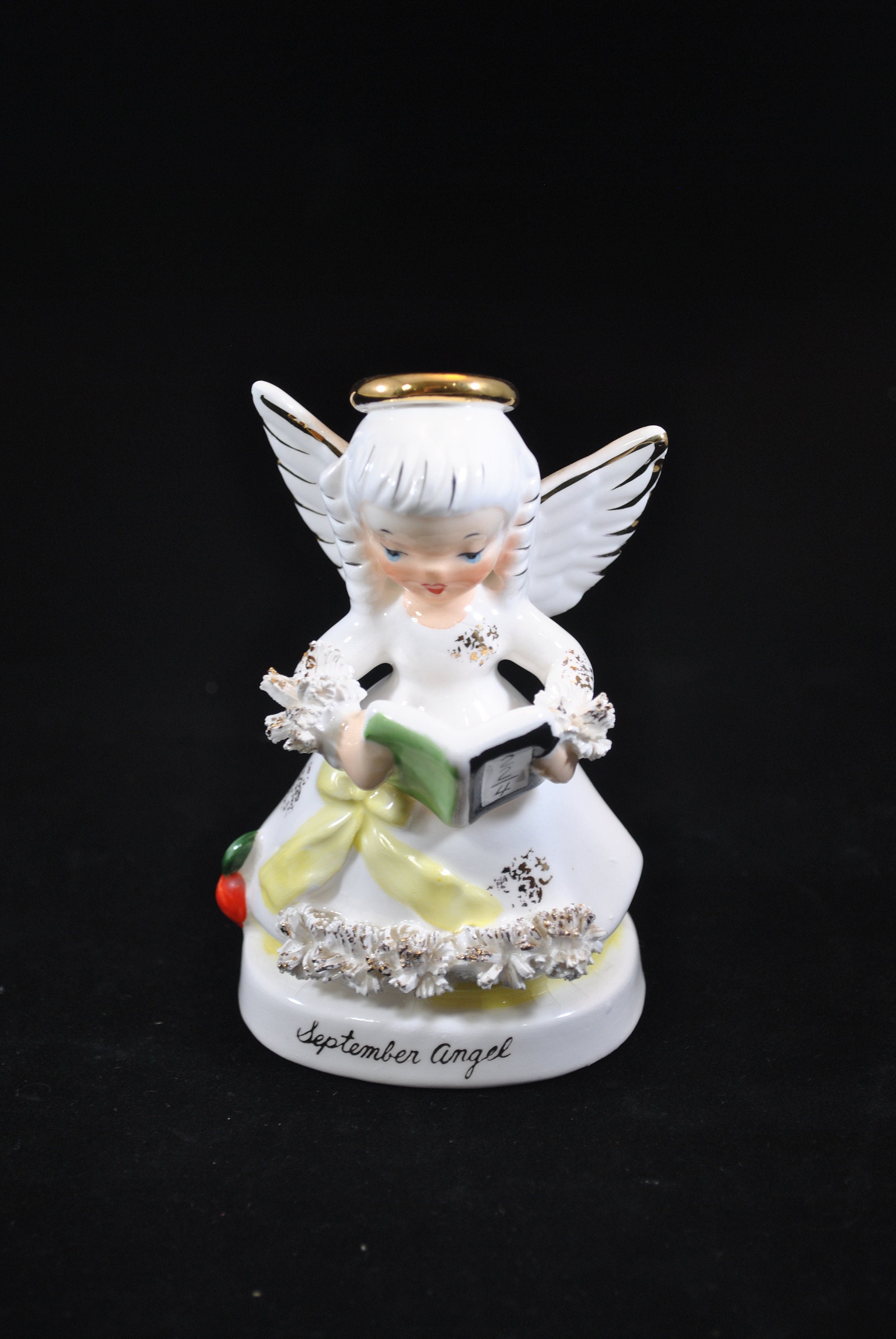 September Angel With Apple and Math Book , Ceramic, Vintage