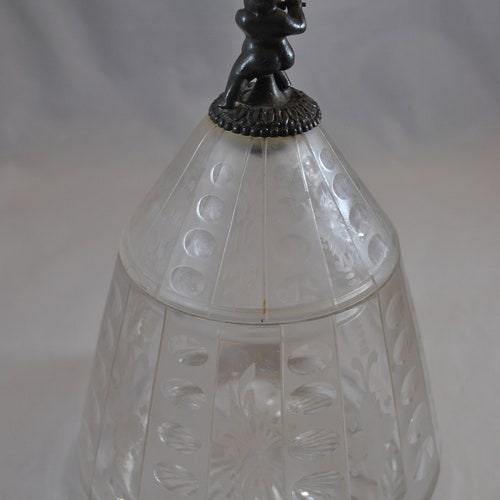 Antique etched and cut glass Biscuit jar shops with brass cupid finial, glass ware, RARE, lidded, collectible, 1800's