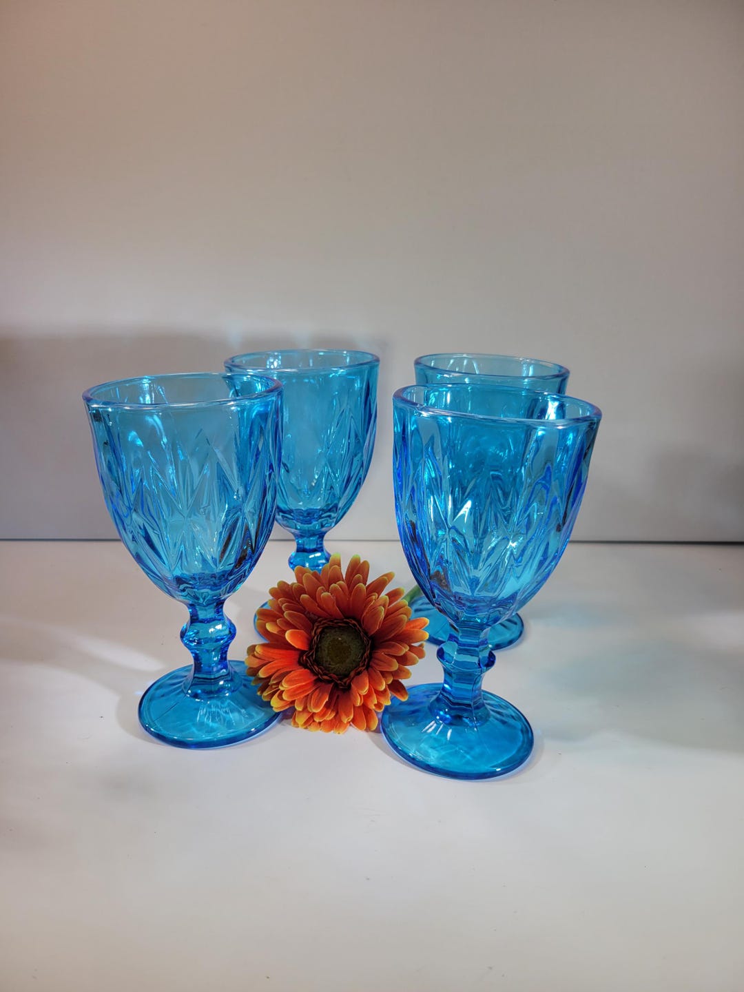 Blue Glass Goblets, Drinking Glasses, Vintage Glassware, Set of 4 ...
