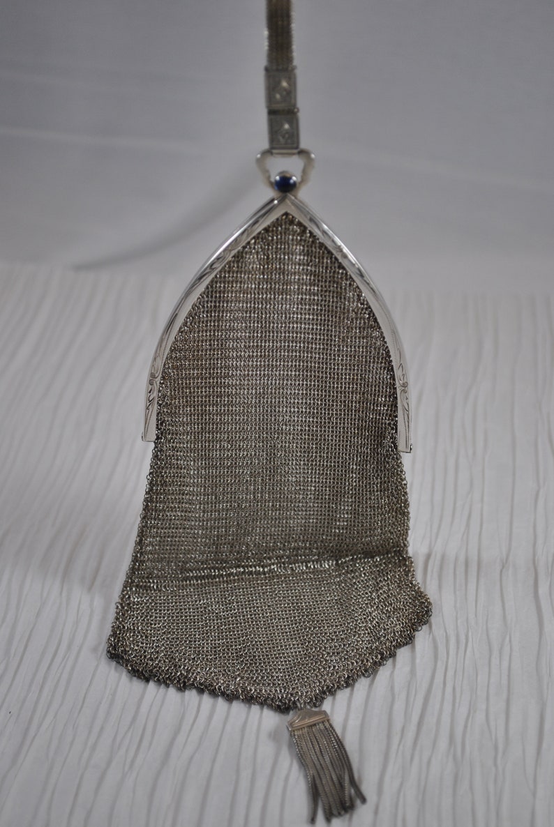 Antique Sterling Silver Mesh Chain mail Purse Bag flapper purse blue stone clasp