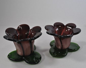 Lovely pair of blown glass amethyst and green flower votive holders, candleholders, home decor