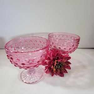 Raspberry pink Hobnail glass goblets, L.E. Smith, vintage glassware, set of 2 dessert cups