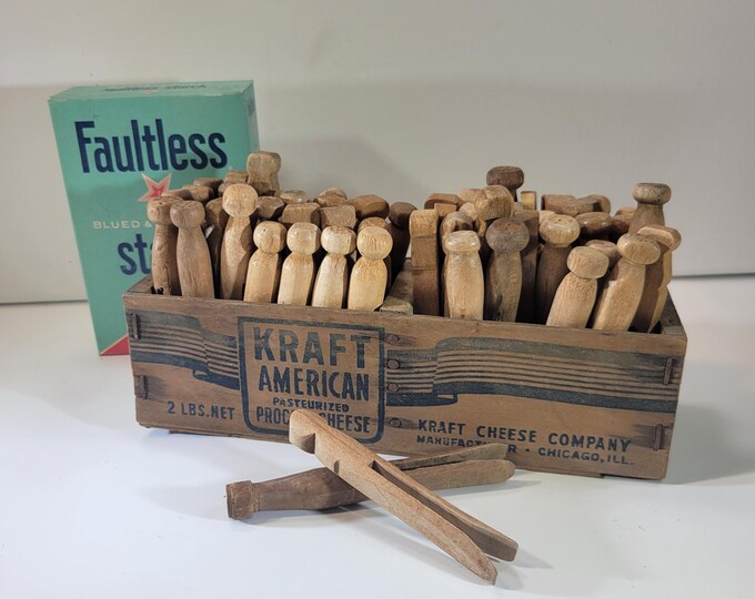 Vintage Wooden Clothespins in an Old Kraft American Cheese Box, Laundry ...