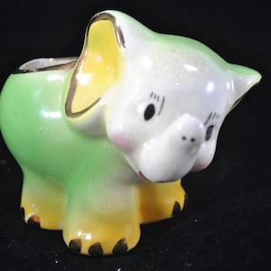 Precious baby elephant green, white, and yellow planter with gold trim, vintage