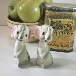 Anthropomorphic Gray/green elephant salt and pepper shakers, collectible, vintage, whimsical