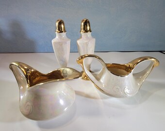 Pearl china white and gold Lusterware art deco sugar, creamer, and salt and pepper shakers, 1940's vintage