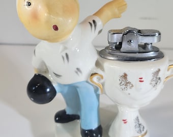 Unique and fun Amico lighter, bowling figurine with trophy, 1960's figural lighter, tobbacciana