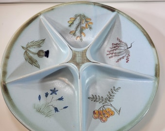 Plato para aperitivos dividido de Buchan Stoneware con el diseño "Thistleware", fabricado en Escocia.