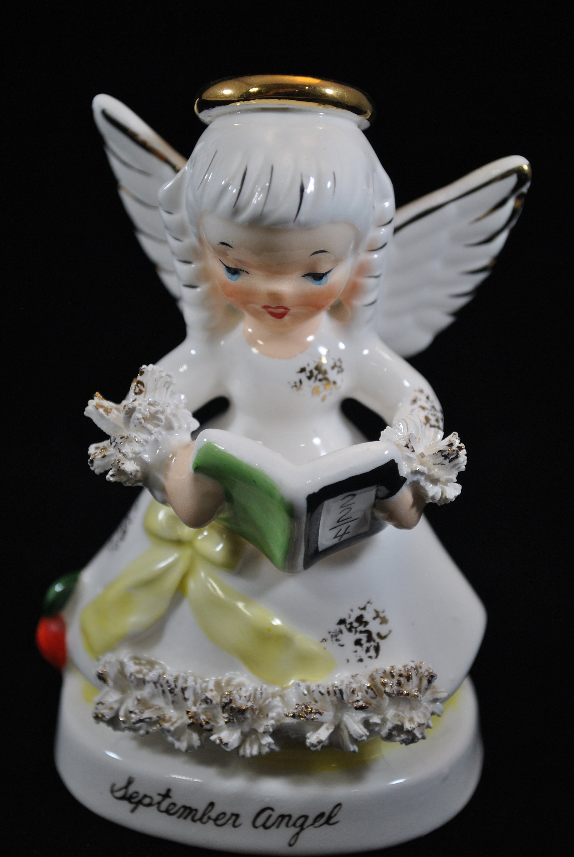 September Angel With Apple and Math Book , Ceramic, Vintage