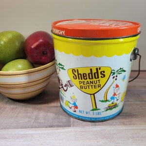 Shedd&#39;s peanut butter canister, metal pail, vintage, collectible, 5 lb. crunchy peanut butter can