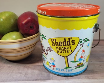 Shedd&#39;s peanut butter canister, metal pail, vintage, collectible, 5 lb. crunchy peanut butter can