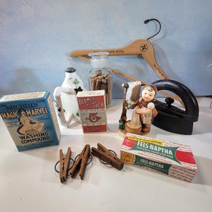 Choice of assorted vintage laundry room decor items #4, cleaner,  soaps,  starch boxes, antique wooden starch box, washboard