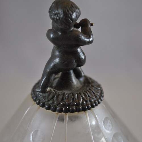 Antique etched and cut glass Biscuit jar shops with brass cupid finial, glass ware, RARE, lidded, collectible, 1800's
