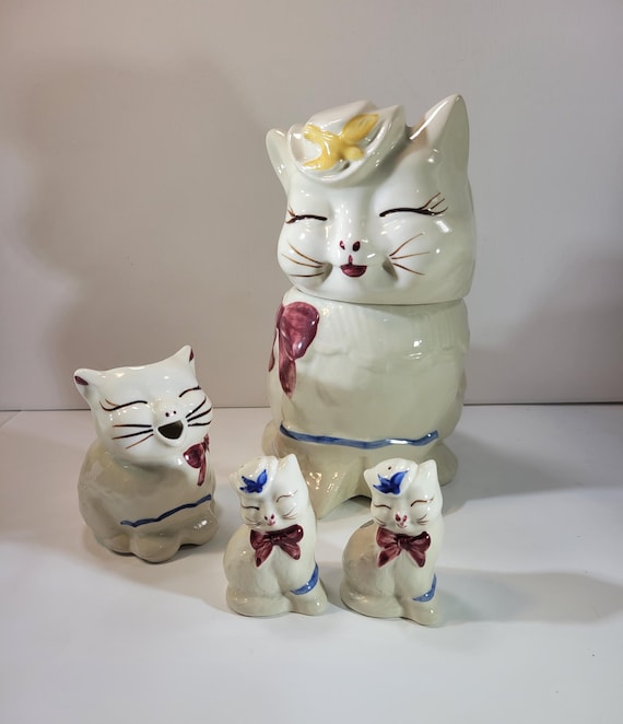 Set of 4 Puss N' Boots Cat Shawnee Cookie Jar, Creamer, and
