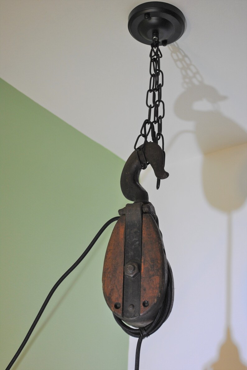 Genuine wooden block and tackle pulley light fixture rustic Etsy