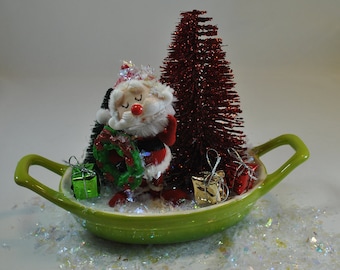 Flocked Santa with wreath in a vintage dish , planter with red and green bottle brush trees, Christmas planter, holiday décor