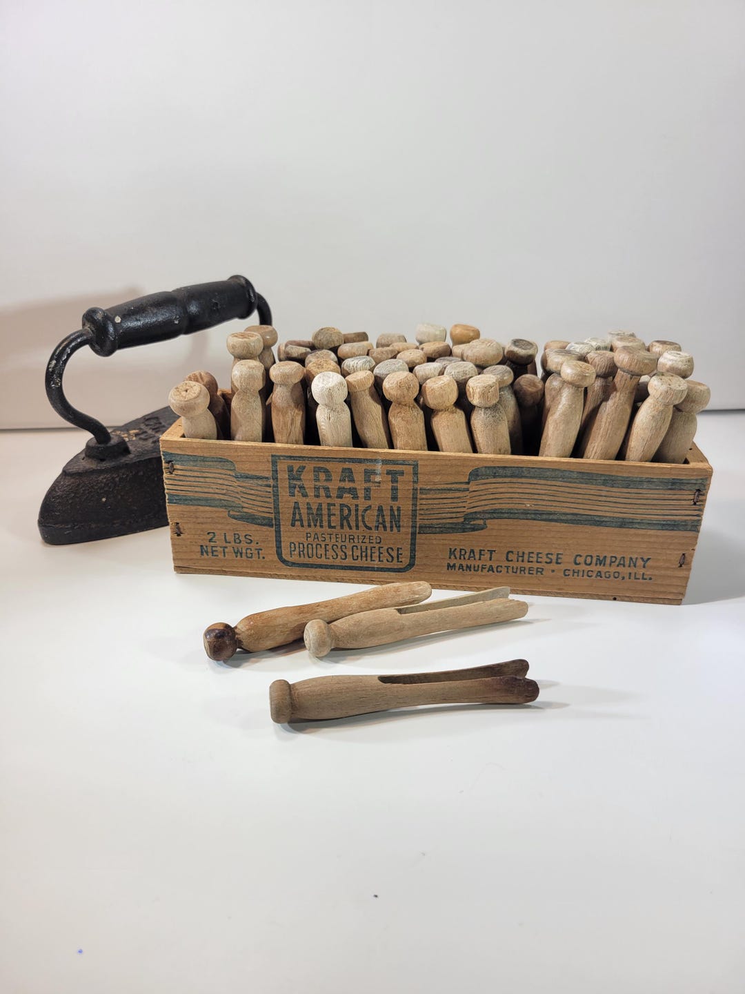 Vintage Wooden Clothespins in an Old Kraft American Cheese Box, Laundry ...