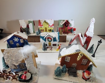 Choice of Sparkling Putz houses made in Japan, cardboard houses decorated for Christmas, village