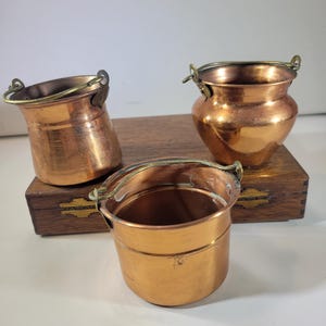Set of 3 vintage small copper and brass pots with handles, succulent planters, variety of shapes
