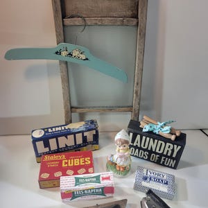 Choice of assorted vintage laundry room decor items #1, clothespins, starch box, soap, cleaning supplies, clothespins