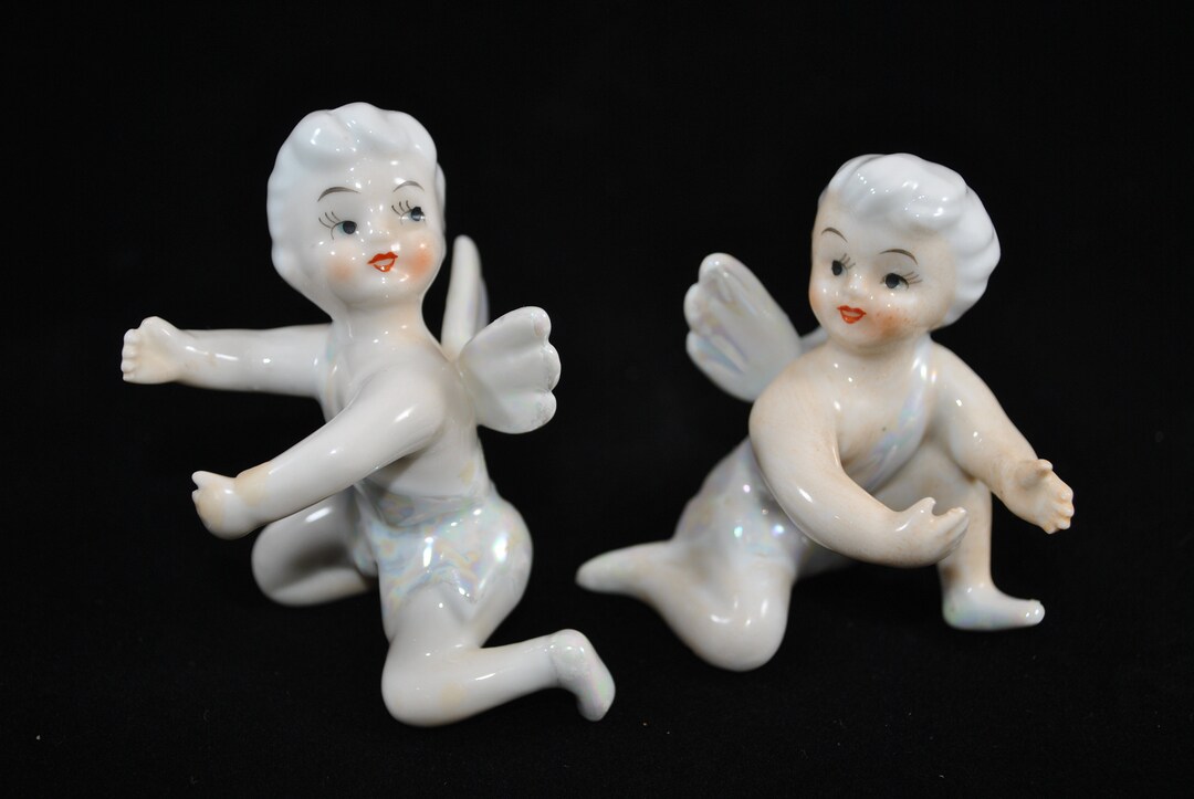 White Lusterware Angel Candle Huggers, Japanese, Porcelain, Vintage