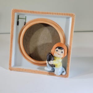 White and orange Lego frame with 3 dimensional baby football player, nursery frame, vintage