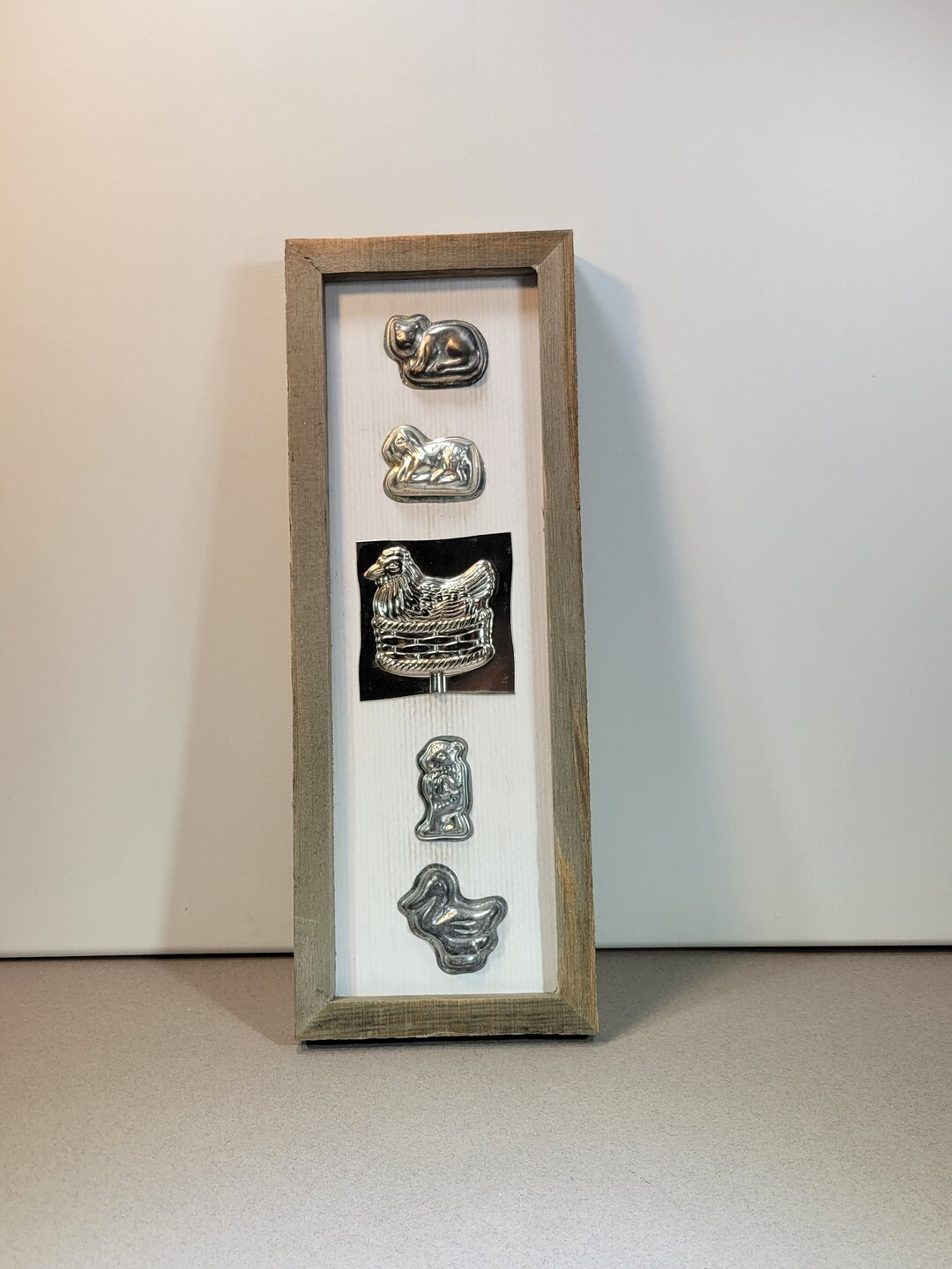 Vintage Candy Molds in a Framed Collection, Hen, Sheep, Duck, Bear, Cat, Kitchen Decor, Metal