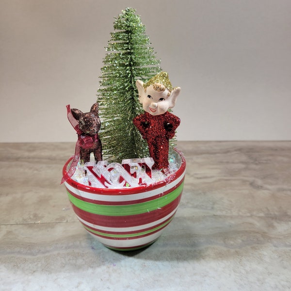 Christmas planter with vintage glitter elf and deer in a striped bowl, Happy Noel, ceramic, vintage, holiday décor, table decoration