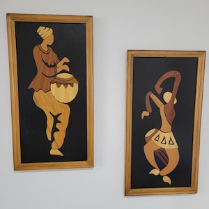 Wood inlay marquetry African drummer pictures, 1960&#39;s art, MCM