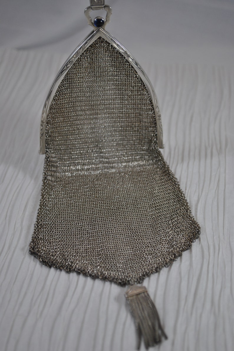 Antique Sterling Silver Mesh Chain mail Purse Bag flapper purse blue stone clasp